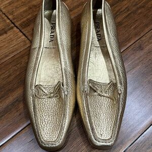 Prada Gold Pebbled Leather Loafers Made in Italy Size 37